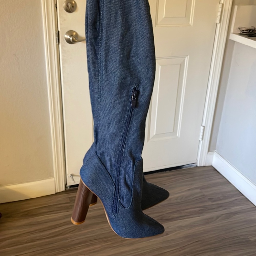 Never worn denim thigh high heels